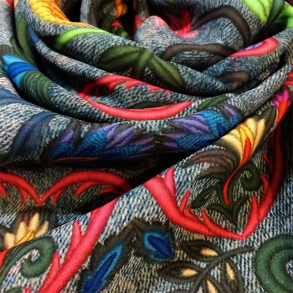 Floral Hippie Shawl. Printed Denim Swedish Folk Chiffon Scarf - Picture 10 of 12